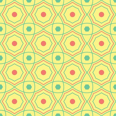 Geometrik şekilli elemanları ile sorunsuz arka plan. Parlak sarı arka plan duvar kağıtları, Tekstil ve kumaş için pembe ve yeşil tasarım ile