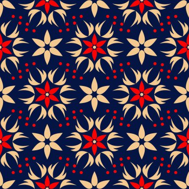 Çiçek sorunsuz arka plan. Duvar kağıtları, Tekstil ve kumaş için mavi arka plan üzerinde kırmızı ve bej çiçek öğeleri