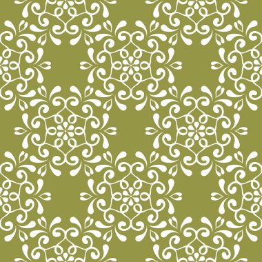 Zeytin yeşil zemin üzerine beyaz çiçek süsleme. Tekstil ve duvar kağıtları için seamless modeli