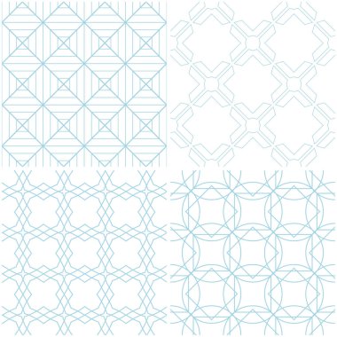 Geometrik desenler. Beyaz mavi öğeleri kümesi. Sorunsuz arka planlar. Vektör çizim