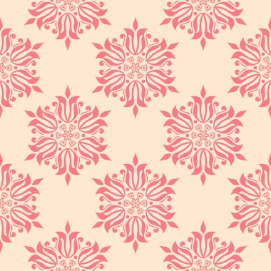 Bej renkli arka plan üzerinde kırmızı çiçekli süs. Tekstil ve duvar kağıtları için seamless modeli