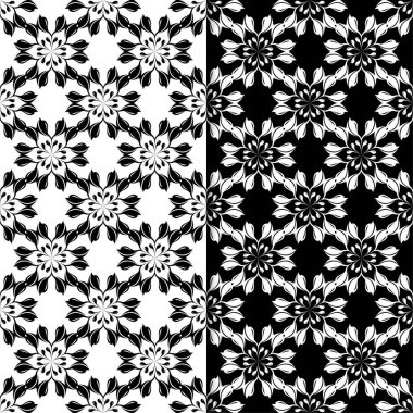 Siyah ve beyaz çiçek arka planlar. Tek renkli Dikişsiz desen Tekstil ve duvar kağıtları için set