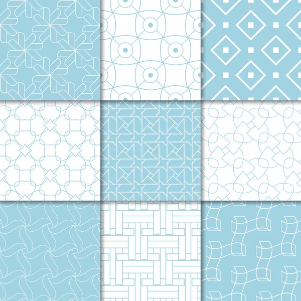 Mavi ve beyaz geometrik süsler. Web, Tekstil ve duvar kağıtları için dikişsiz desen koleksiyonu