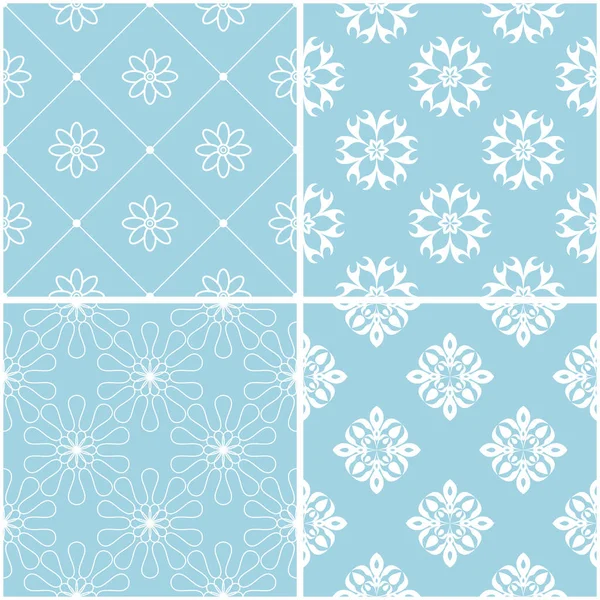 Çiçek desenleri. Mavi ve beyaz sorunsuz arka planlar kümesi. Vektör çizim