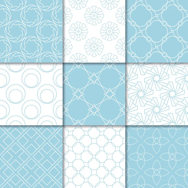 Mavi ve beyaz geometrik süsler. Web, Tekstil ve duvar kağıtları için dikişsiz desen koleksiyonu
