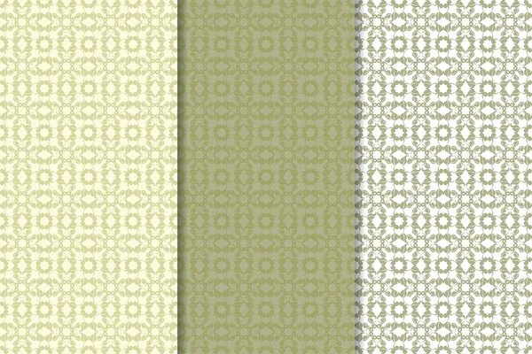 Olive Green White Floral Backgrounds Set Seamless Patterns Textile Wallpapers — Stock Vector