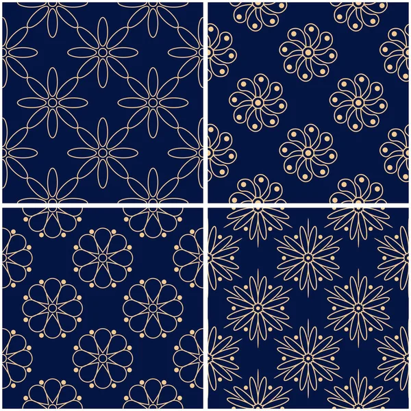 Çiçek desenleri. Altın mavi sorunsuz arka planlar kümesi. Vektör illustraton