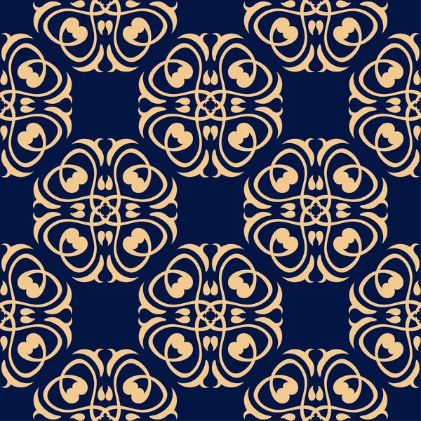 Adorno Floral Dorado Sobre Fondo Azul Oscuro Patrón Sin Costuras — Vector de stock