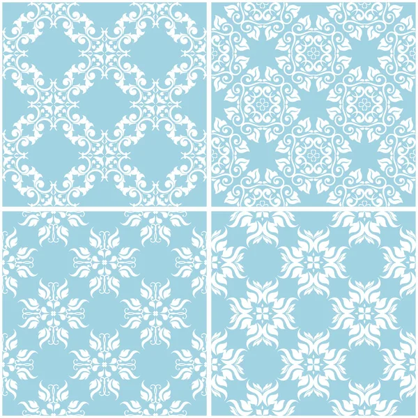 Çiçek desenleri. Mavi ve beyaz sorunsuz arka planlar kümesi. Vektör çizim