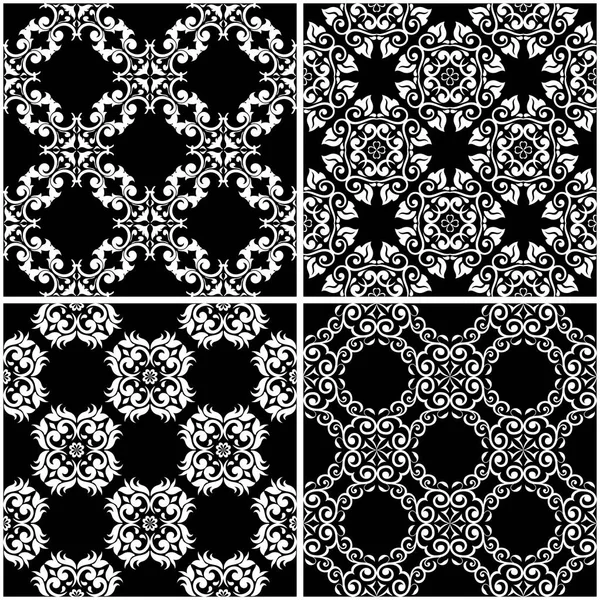Çiçek desenleri. Siyah beyaz tek renkli kesintisiz arka planlar kümesi. Vektör çizim