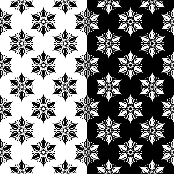 黒と白の花模様の背景 テキスタイルや壁紙のためのシームレスなパターンのセット — ストックベクタ