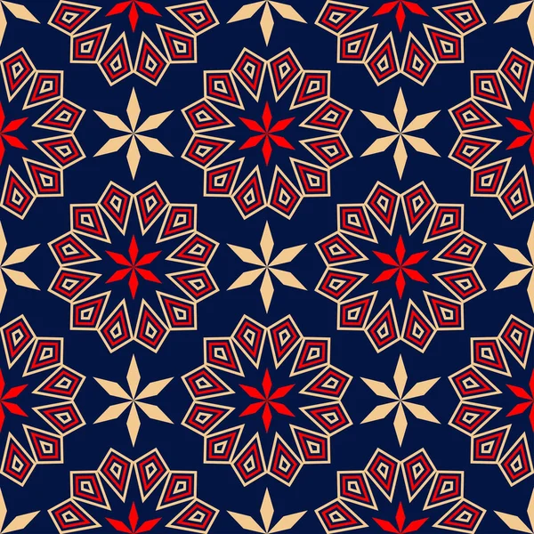 Geometrik mavi sorunsuz arka plan. Kırmızı ve bej renkli desen. Duvar kağıtları ve tekstil tasarım