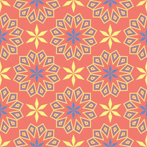 Geometrik seamless modeli. Parlak kırmızı bir arka plan duvar kağıtları, Tekstil ve kumaş için mavi ve sarı tasarımı ile