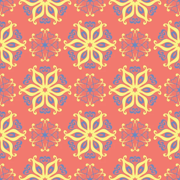 Çiçek seamless modeli. Parlak pembe turuncu arka plan duvar kağıtları, Tekstil ve kumaş için sarı ve mavi çiçek öğeleri ile