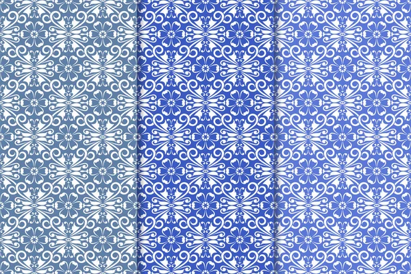 Mavi çiçekli süsler. Duvar kağıtları ve kumaşlar için dikey Dikişsiz desen seti