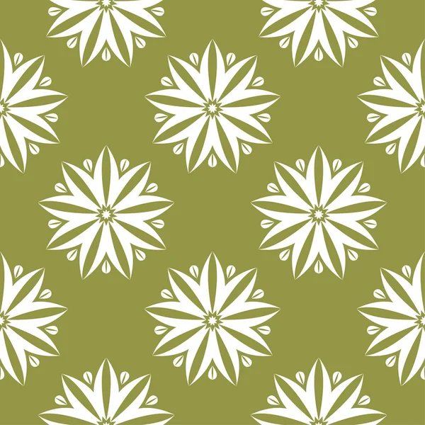 Zeytin yeşil zemin üzerine beyaz çiçek süsleme. Tekstil ve duvar kağıtları için seamless modeli
