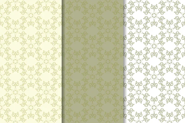 Zeytin yeşili ve beyaz çiçek arka planlar. Tekstil ve duvar kağıtları için dikişsiz desen seti