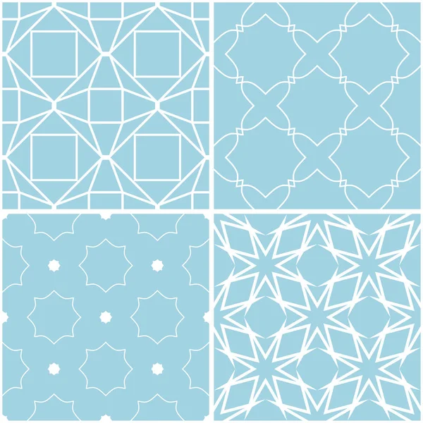 Geometrik desenler. Mavi ve beyaz sorunsuz arka planlar kümesi. Vektör çizim