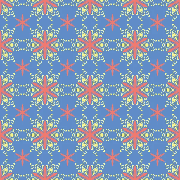 Çiçek seamless modeli. Duvar kağıtları, Tekstil ve kumaş için mavi arka plan üzerinde kırmızı ve sarı çiçek öğeleri