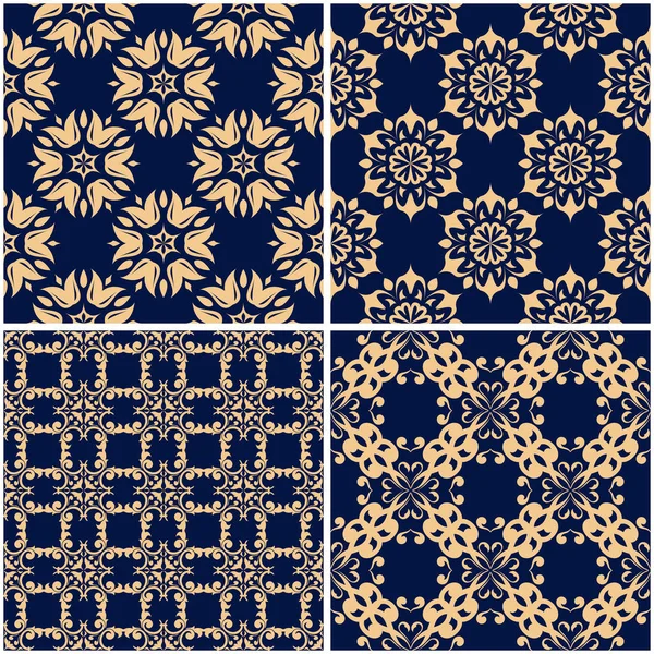 Çiçek desenleri. Altın mavi sorunsuz arka planlar kümesi. Vektör illustraton