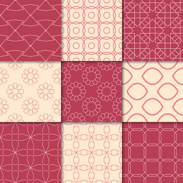 Kiraz kırmızı ve bej geometrik süsler. Web, Tekstil ve duvar kağıtları için dikişsiz desen koleksiyonu