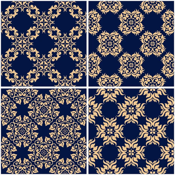 Çiçek desenleri. Altın mavi sorunsuz arka planlar kümesi. Vektör illustraton