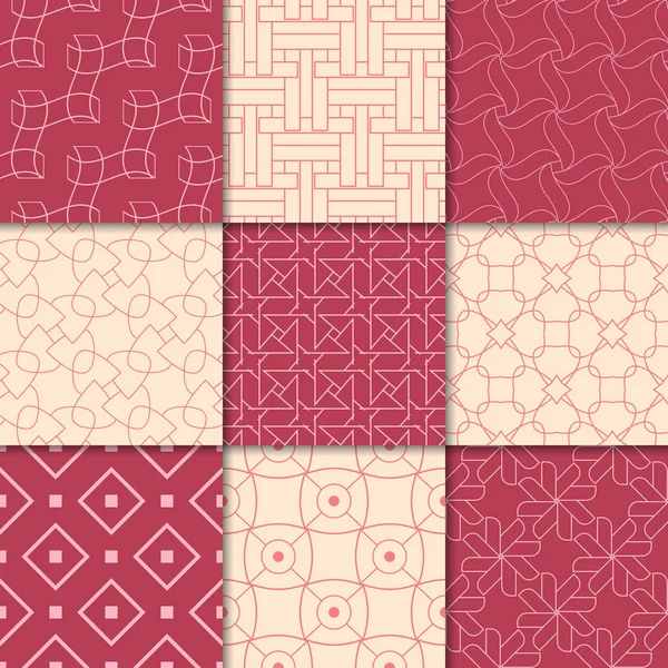 Kiraz kırmızı ve bej geometrik süsler. Web, Tekstil ve duvar kağıtları için dikişsiz desen koleksiyonu