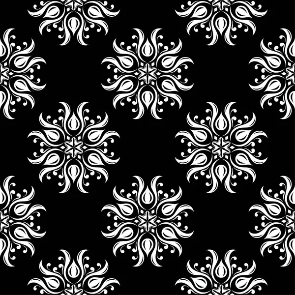 黒い背景に白い花の飾り テキスタイルや壁紙のためのシームレスなパターン — ストックベクタ