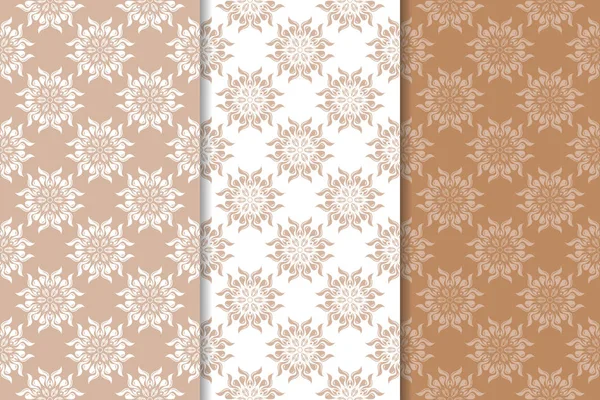 Reihe Von Floralen Ornamenten Nahtlose Muster Braun Beige Und Weiß — Stockvektor