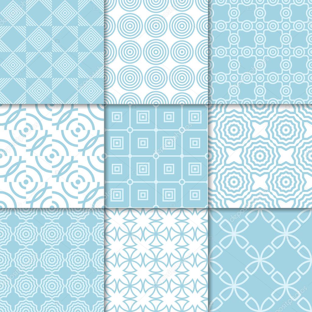 Geometric blue and white abstract seamless patterns. Backgrounds for wallpapers, textile