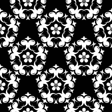 Siyah arka plan üzerine beyaz çiçekler. Tekstil ve duvar kağıtları için süs seamless modeli