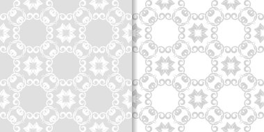 Işık gri ve beyaz çiçekli süsler. Tekstil ve duvar kağıtları için dikişsiz desen seti