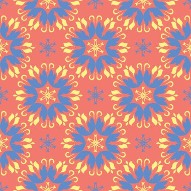 Çiçek seamless modeli. Parlak pembe turuncu arka plan duvar kağıtları, Tekstil ve kumaş için sarı ve mavi çiçek öğeleri ile