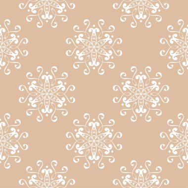 Bej renkli arka plan üzerinde beyaz çiçek süsleme. Tekstil ve duvar kağıtları için seamless modeli