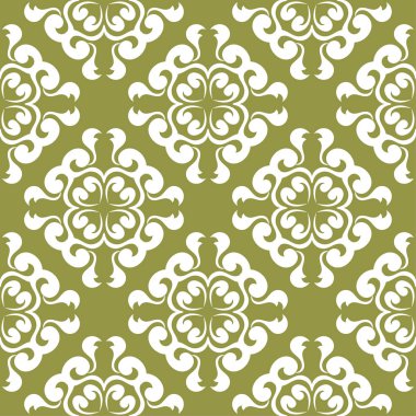 Zeytin yeşil zemin üzerine beyaz çiçek süsleme. Tekstil ve duvar kağıtları için seamless modeli