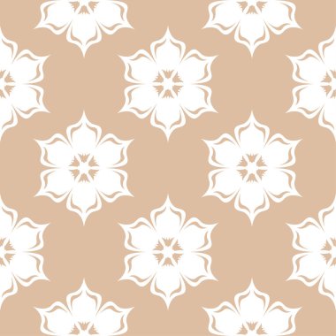 Bej renkli arka plan üzerinde beyaz çiçek süs tasarım. Tekstil ve duvar kağıtları için seamless modeli