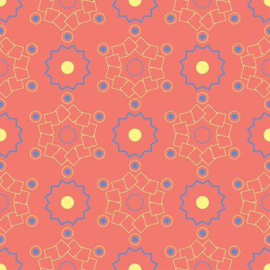 Geometrik kırmızı turuncu seamless modeli. Parlak arka plan duvar kağıtları, Tekstil ve kumaş için mavi ve sarı tasarımı ile