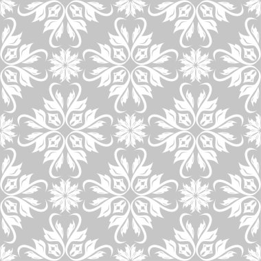 Gri arka plan üzerinde beyaz çiçek tasarım. Tekstil ve duvar kağıtları için seamless modeli