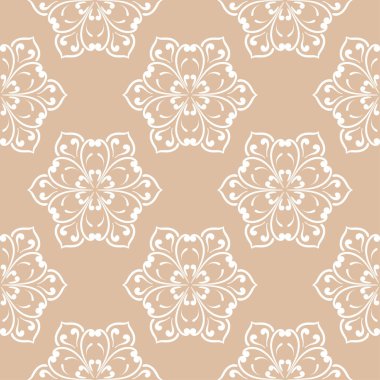 Bej renkli arka plan üzerinde beyaz çiçek tasarım. Tekstil ve duvar kağıtları için seamless modeli
