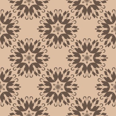 Kahverengi ve bej çiçekli süs. Tekstil ve duvar kağıtları için seamless modeli