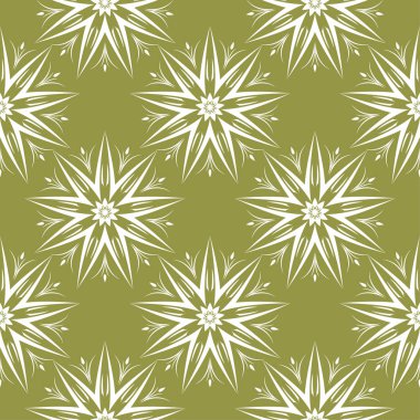 Zeytin yeşil zemin üzerine beyaz çiçekler. Tekstil ve duvar kağıtları için süs seamless modeli