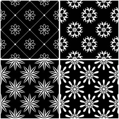 Çiçek desenleri. Siyah beyaz tek renkli kesintisiz arka planlar kümesi. Vektör çizim