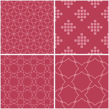 Geometrik desenler. Soluk kırmızı sorunsuz arka planlar kümesi. Vektör çizim