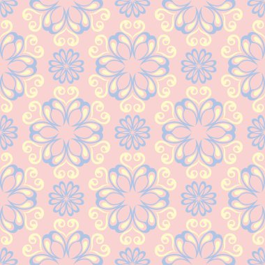 Çiçek soluk pembe sorunsuz bir arka plan. Çiçek desenli duvar kağıtları, Tekstil ve kumaş için ışık mavi ve sarı öğeler