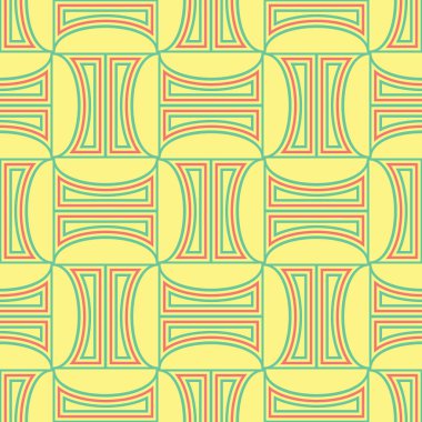 Geometrik seamless modeli. Sarı arka plan duvar kağıtları, Tekstil ve kumaş için pembe ve yeşil tasarım ile