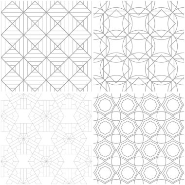 Geometrik desenler. Işık gri ve beyaz sorunsuz arka planlar kümesi. Vektör çizim