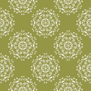 Zeytin yeşil zemin üzerine beyaz çiçek süsleme. Tekstil ve duvar kağıtları için seamless modeli