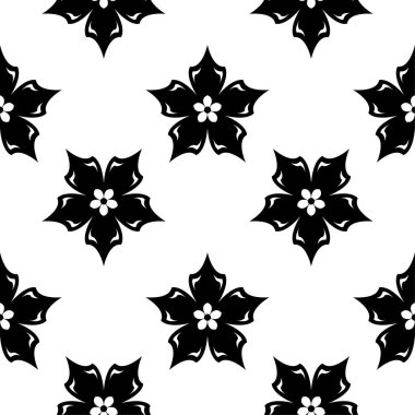 Beyaz arka planda siyah çiçek sorunsuz süsleme. Tekstil ve duvar kağıtları için seamless modeli