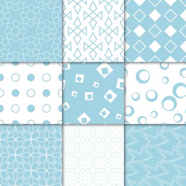 Mavi ve beyaz geometrik süsler. Web, Tekstil ve duvar kağıtları için dikişsiz desen koleksiyonu