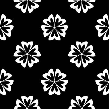 Siyah arka plan üzerine beyaz çiçekler. Tekstil ve duvar kağıtları için süs seamless modeli